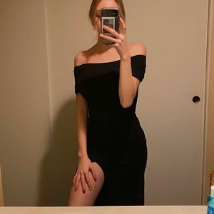 Over the shoulder black dress with leg slit